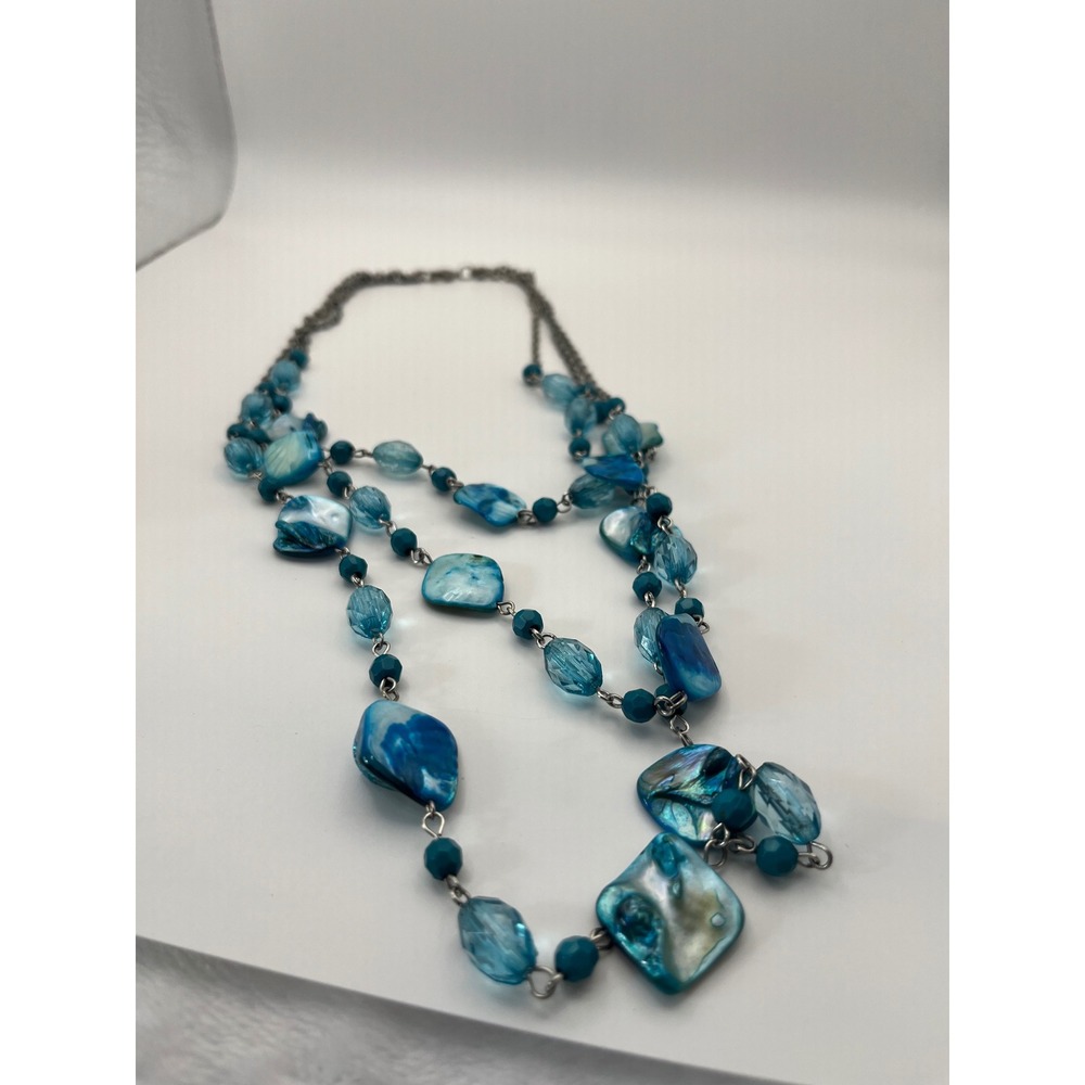 Blue Shell and Beaded Multi Strand Layered Necklace Silver Tone Coastal Jewelry